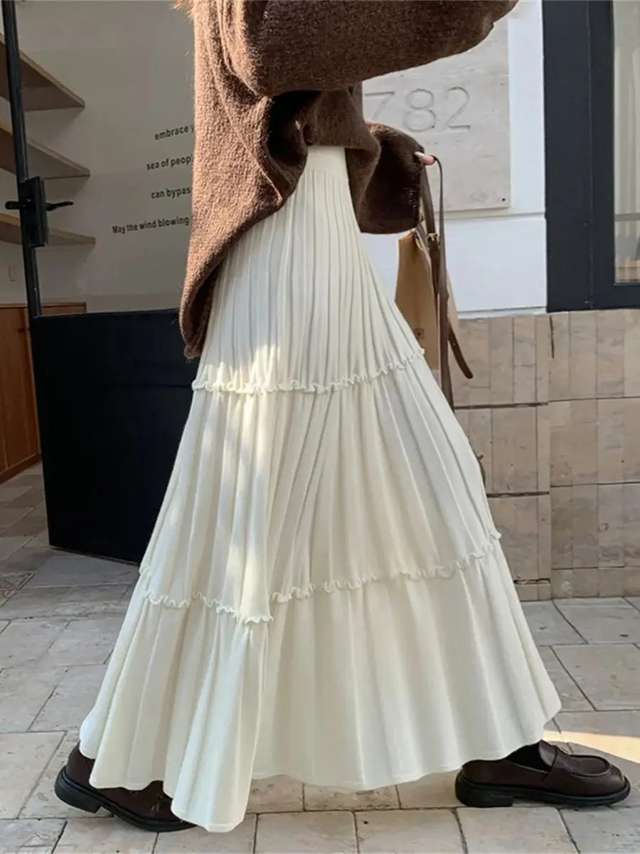 

2025 Fall/Winter Solid Knitted Forest-Style Ruffled Hem Tiered Skirt For Women Casual High Waist A-Line Wide Hem Long SKirt