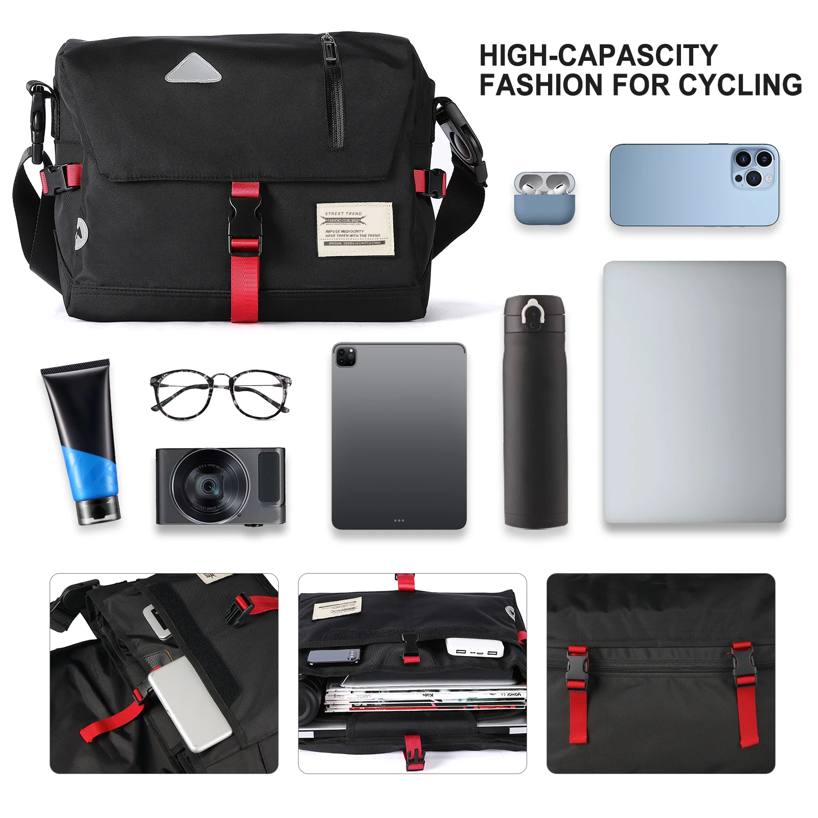 Men's bag Fashion Tide Boys' Bags Large Capacity Messenger Bag Casual Handbag Crossbody Cycling Purse Teenager Shoulder Tote Bag