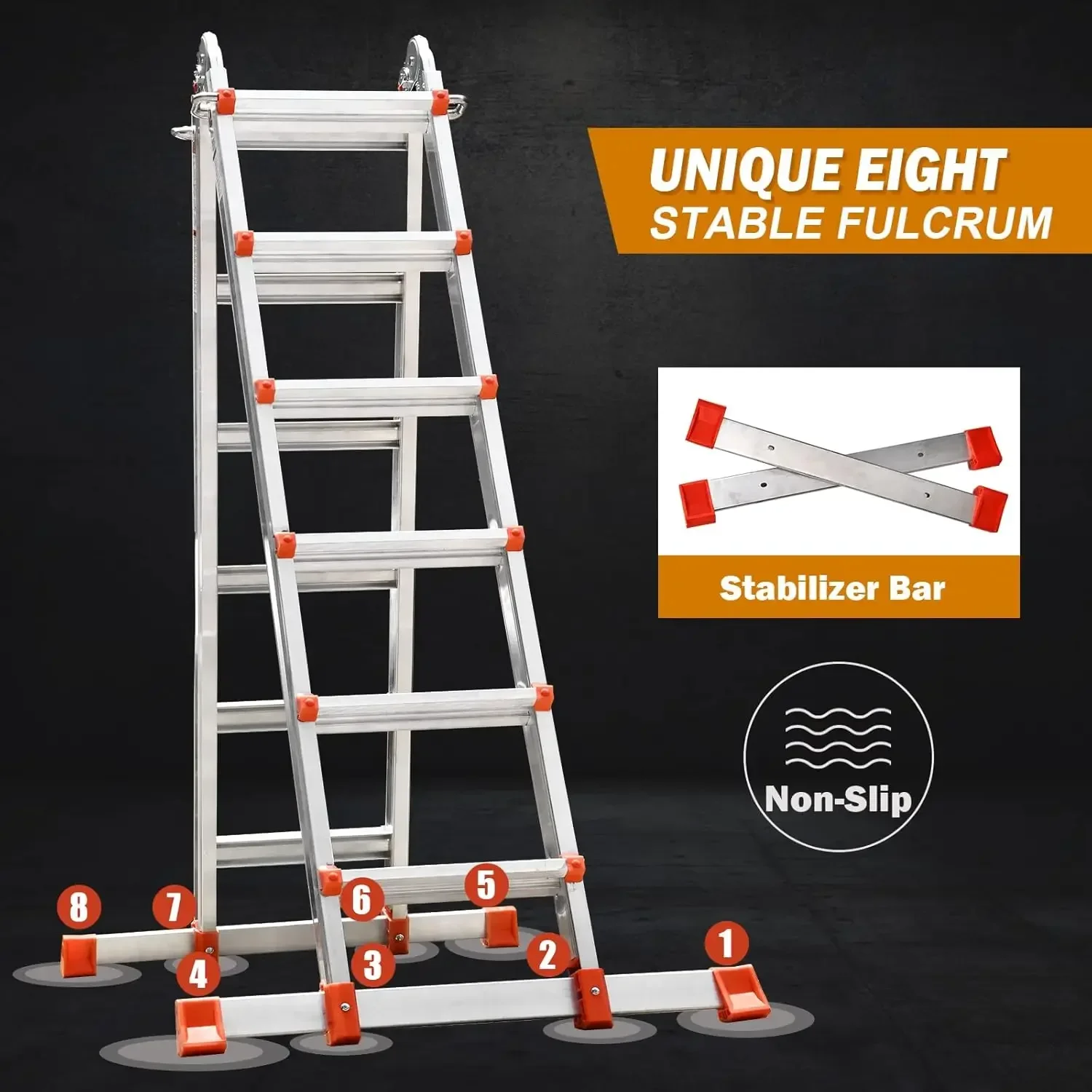 Ladder, A Frame 6 Step Ladder Extension Ladder, 22 Ft Multi Position Ladder & Removable Tool Tray with Stabilizer Bar, 3