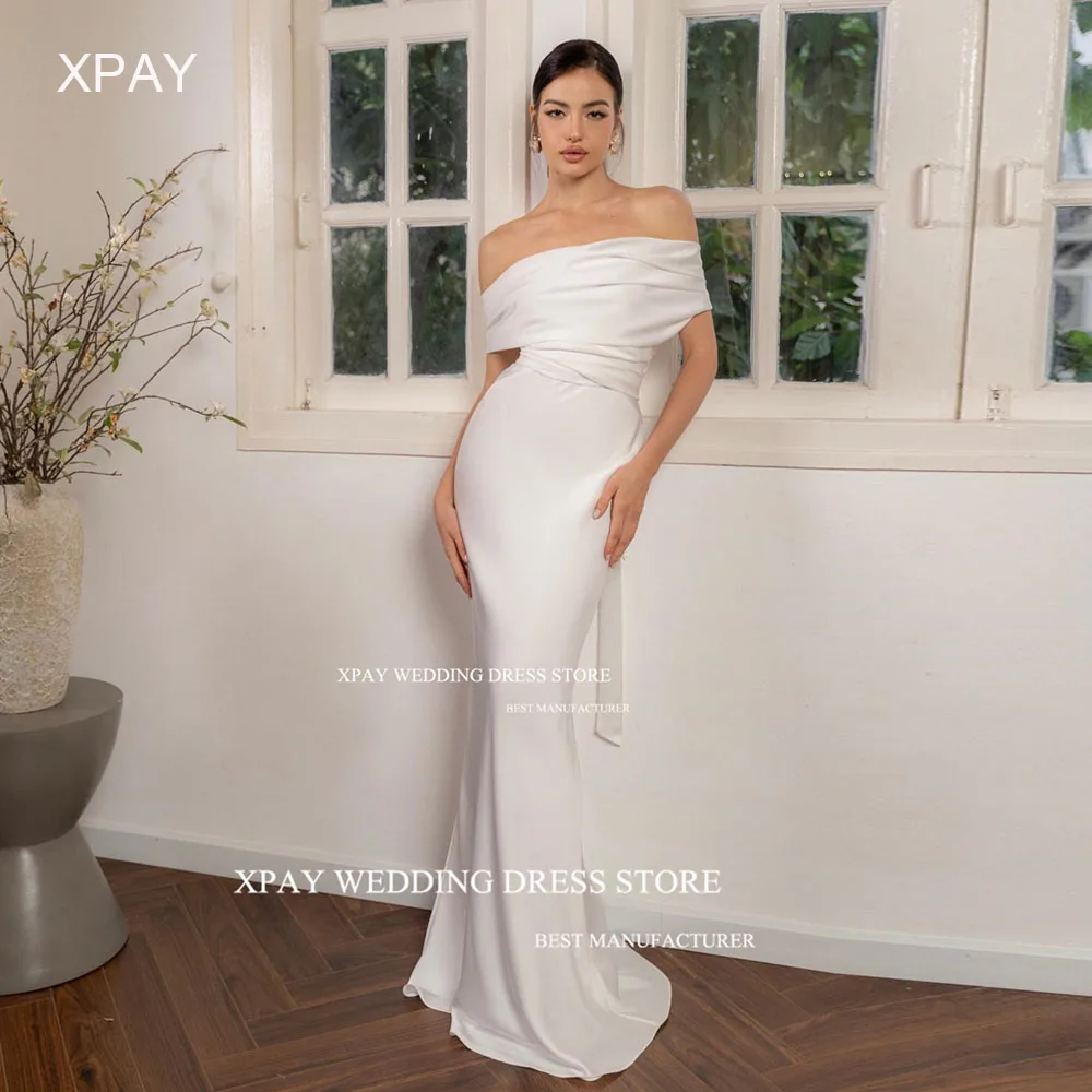 Xpay elegante sereia vestidos de casamento cetim de seda fora do ombro vestido de festa de casamento da noiva drapeado capa personalizado robe de casamento