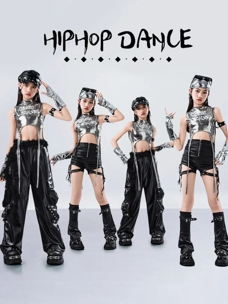 Set Hip Hop per ragazze K-pop Nastro argento Crop Top Pantaloni in pelle da ballo di strada Bambini Streetwear Costume da jazz per bambini Vestiti di gruppo per ragazze