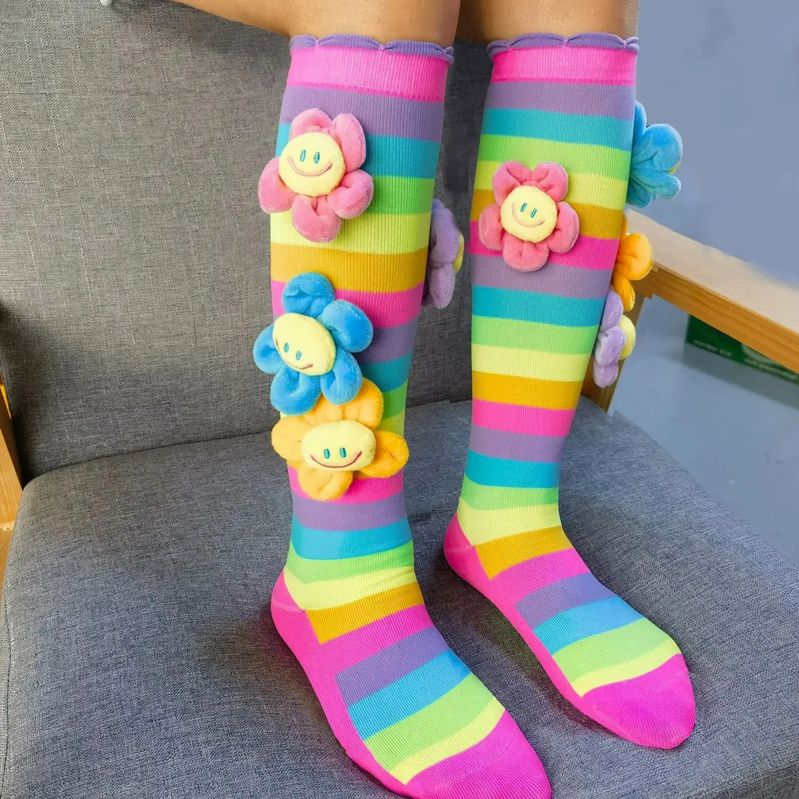 Rainbow Striped Tights for Girls Flower Appliques Children Stockings knit Long Bby Pantyhose 7-12 Years