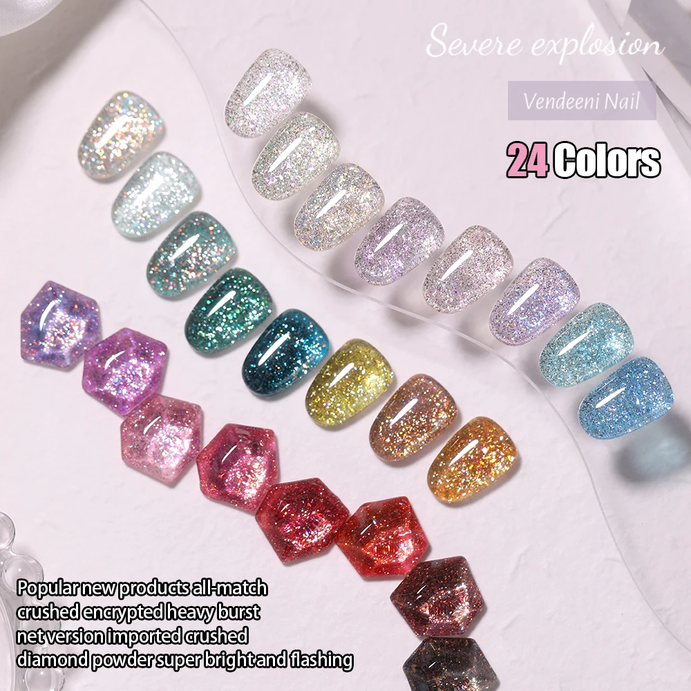 Vendeeni 24 Colors High Density Glitter Nail Gel Polish Explosive Flash Nail Art Gel Varnish Sparkling UV Soak Off Gel Lacquer