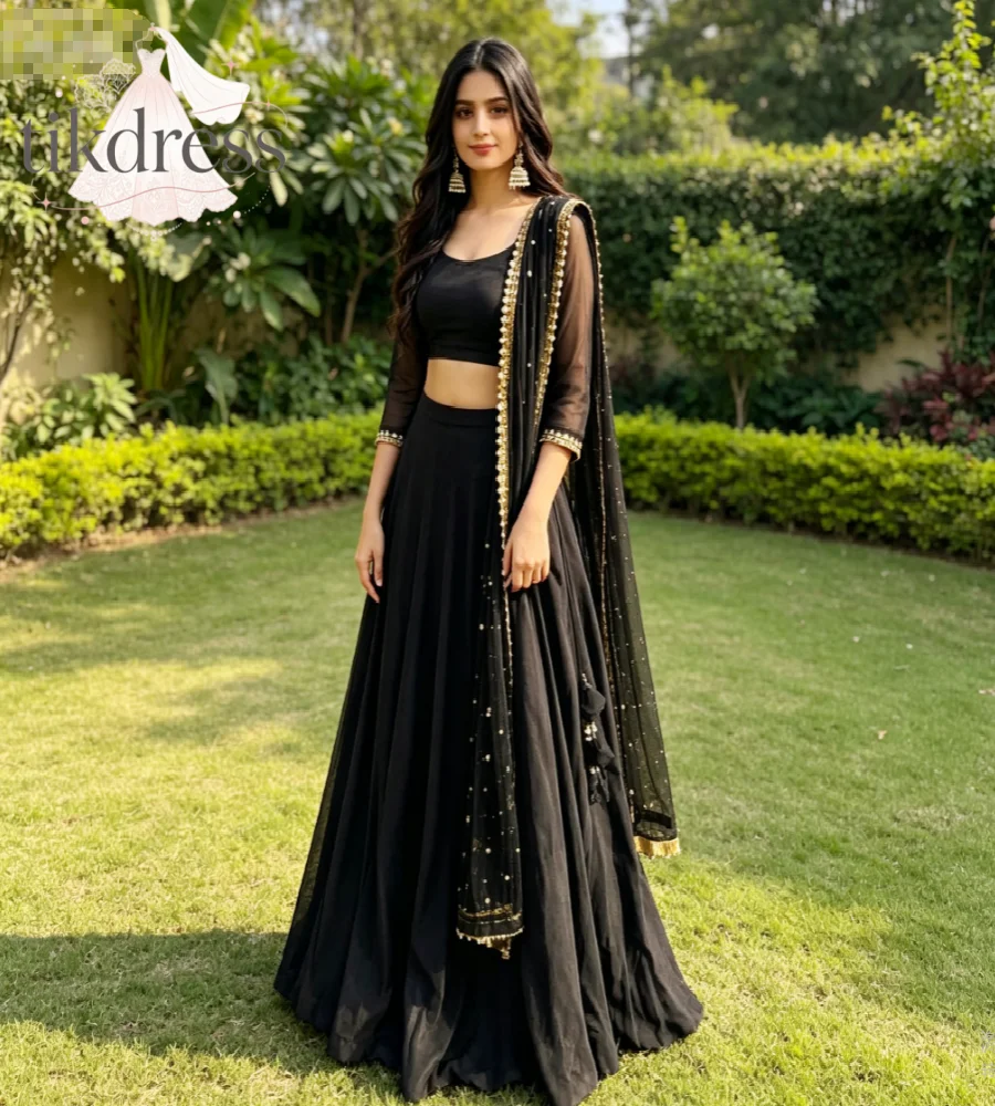 Black Gold Border Indian Lehenga Choli Prom Dresses 2026 Two Pieces Tulle Dupatta Crop Top Evening Gown Ethnic Traditional Party