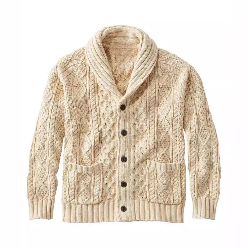 Autumn Winter Mens Shawl Collar Cable Knit Cardigan Vintage Mens Thick Warm Button Down Windbreaker Sweaters Clothing