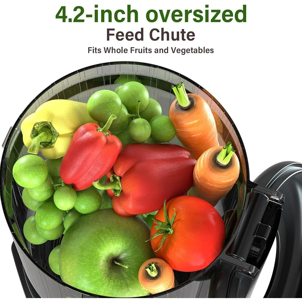 عصارة مضغ بالضغط البارد 250 وات، عصارة بطيئة عالية الكفاءة 4.2 بوصة، شلال تغذية واسعة، سهلة التجميع، مستخرج العصير