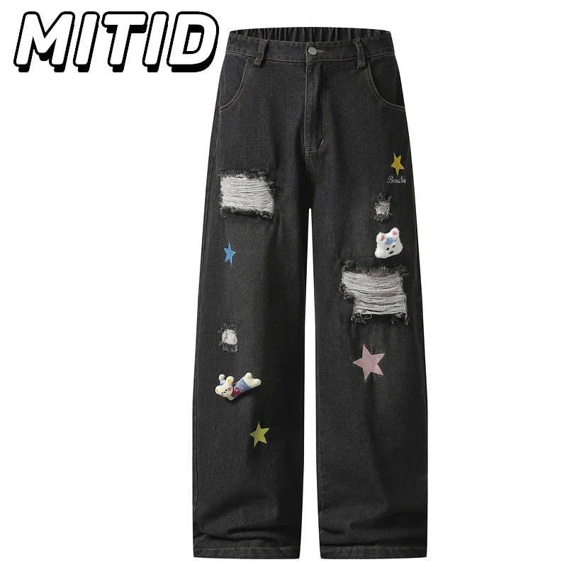 

2026 New Denim Pants Men and Women Hip Hop Streetwear Fashion Hole Ripped Jeans Embroidery Cartoon Puppy Straight Wide Lag Pants