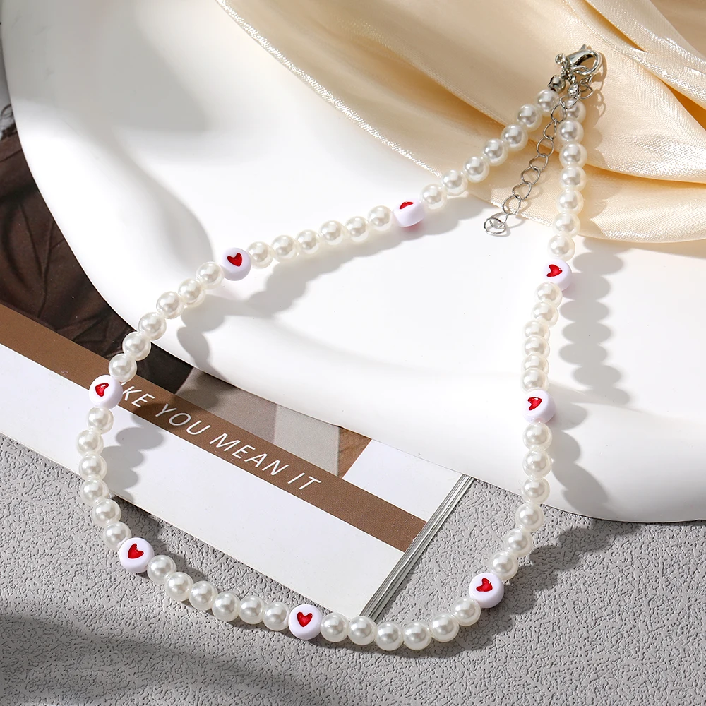 IPARAM Y2K Artificial Pearls Beads Necklace for Women Girls Red Heart Pendant Cute Love Vintage Choker Necklaces Fashion Jewelry