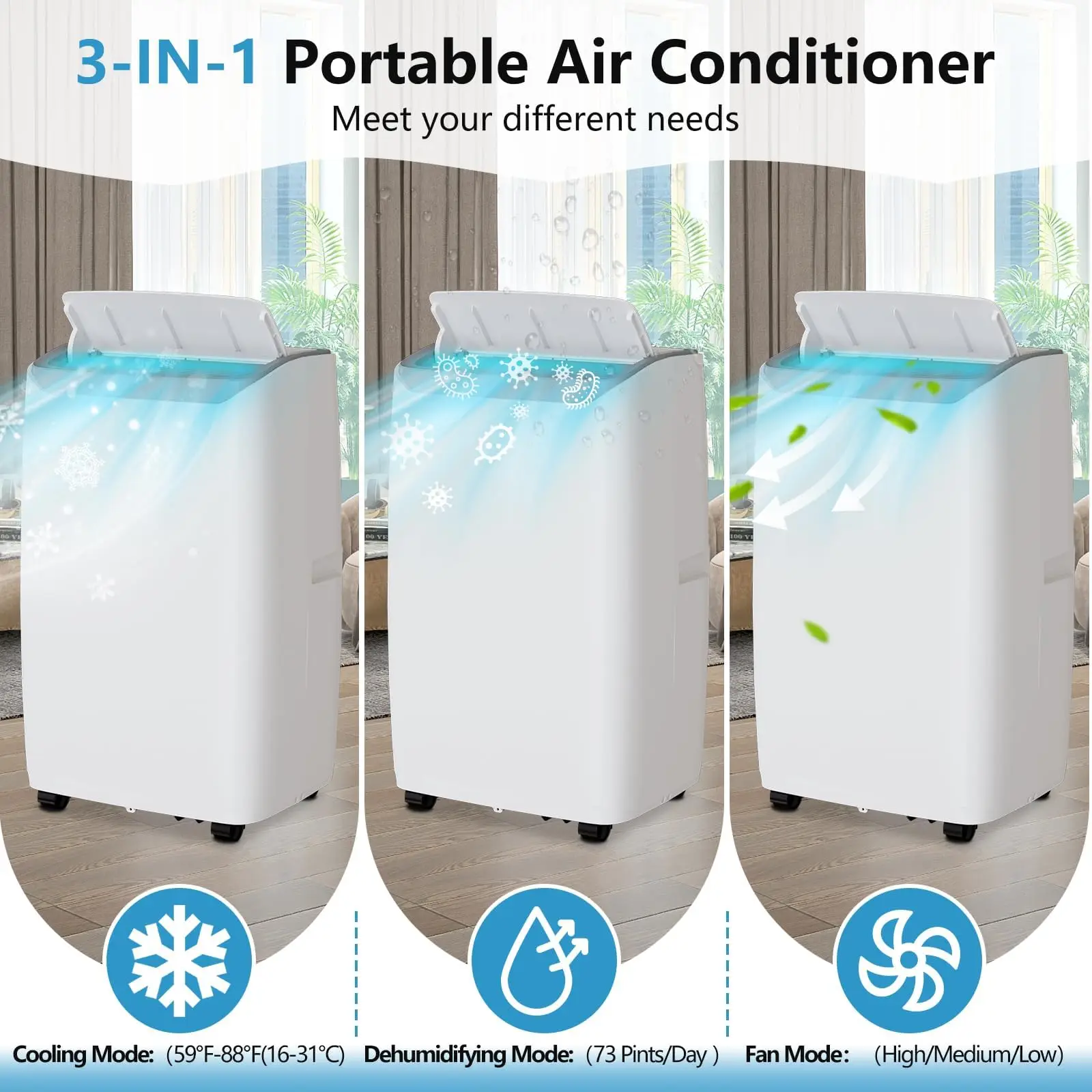 14000 BTU Portable Air Conditioner - 3-in-1 Cooling, Dehumidifier & Fan - Fast Cooling for Rooms up to 750 Sq.Ft - 24H Timer, Auto Swing, Remote Control - Ideal for Home & Office, White