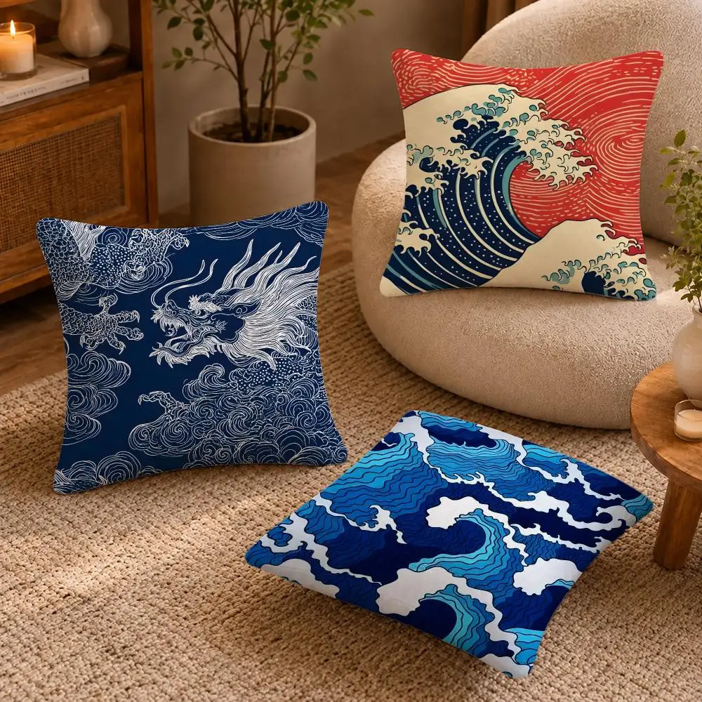 Pattern Japanese Waves Cushion Cover Short-Plush Cushion Cover Pillowcase — Suitable for Sofas Bedrooms and Home Decor