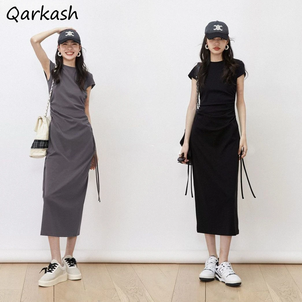 

Solid Simple Dresses Women Shirring Pleated Flattering Waist Slender Bodycon Short Sleeve A-line Midi Korean Popular Stylish New