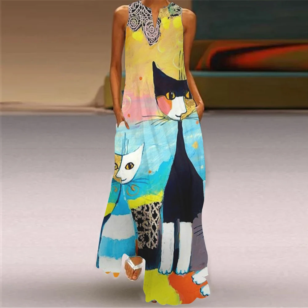 Fashionable And Elegant Women's Sleeveless Vest Long Dress New Ankle-Length Dress 3d Abstract Cat Print Long Dresses Oversized