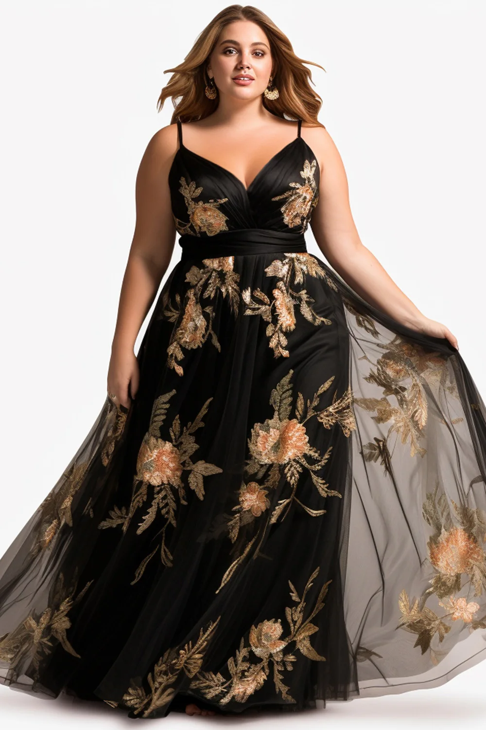 Flycurvy Plus Size Wedding Guest Black Mesh Sleeveless Floral Embroidery Maxi Dress