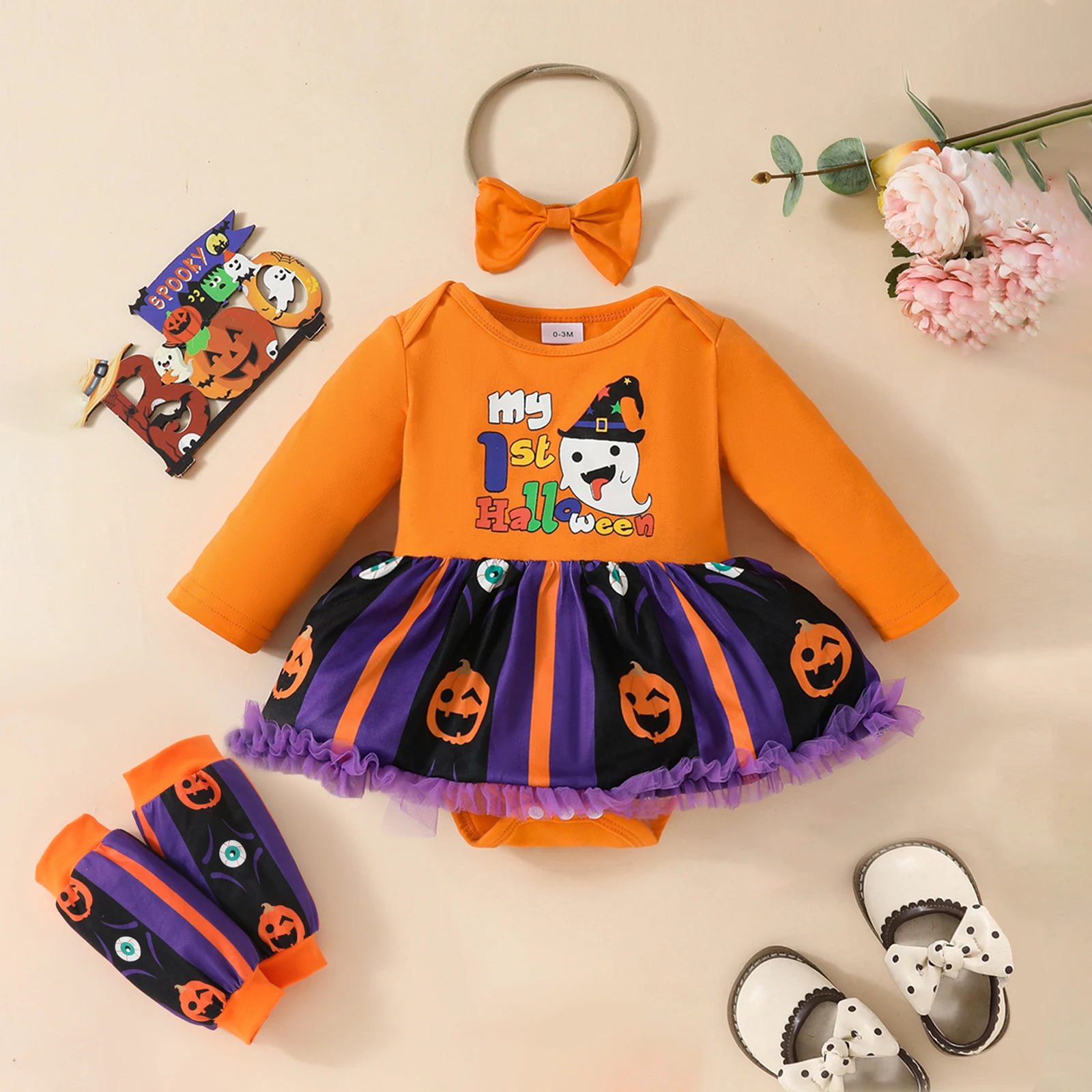 Halloween Newborn Infant Toddler Baby Girl Romper Letter Pumpkin Ghost Print Tulle Jumpsuit Headband Leg Warmers