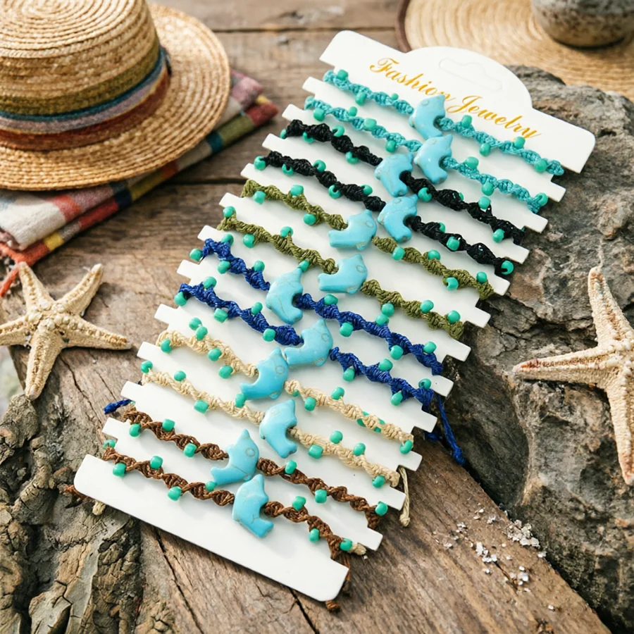 Wholesale 12Pcs/Dozen Dolphin Braided Bracelet Unisex Apparel Accessories Sliding Adjustable Braslet Summer Beach Friends Gift