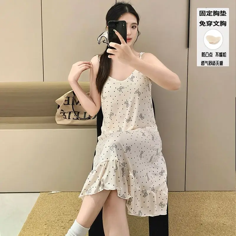 

Летняя сексуальная ночная сорочка 2026 с принтом на тонких бретелях для женщин, корейская свободная домашняя одежда для сна, ночная рубашка