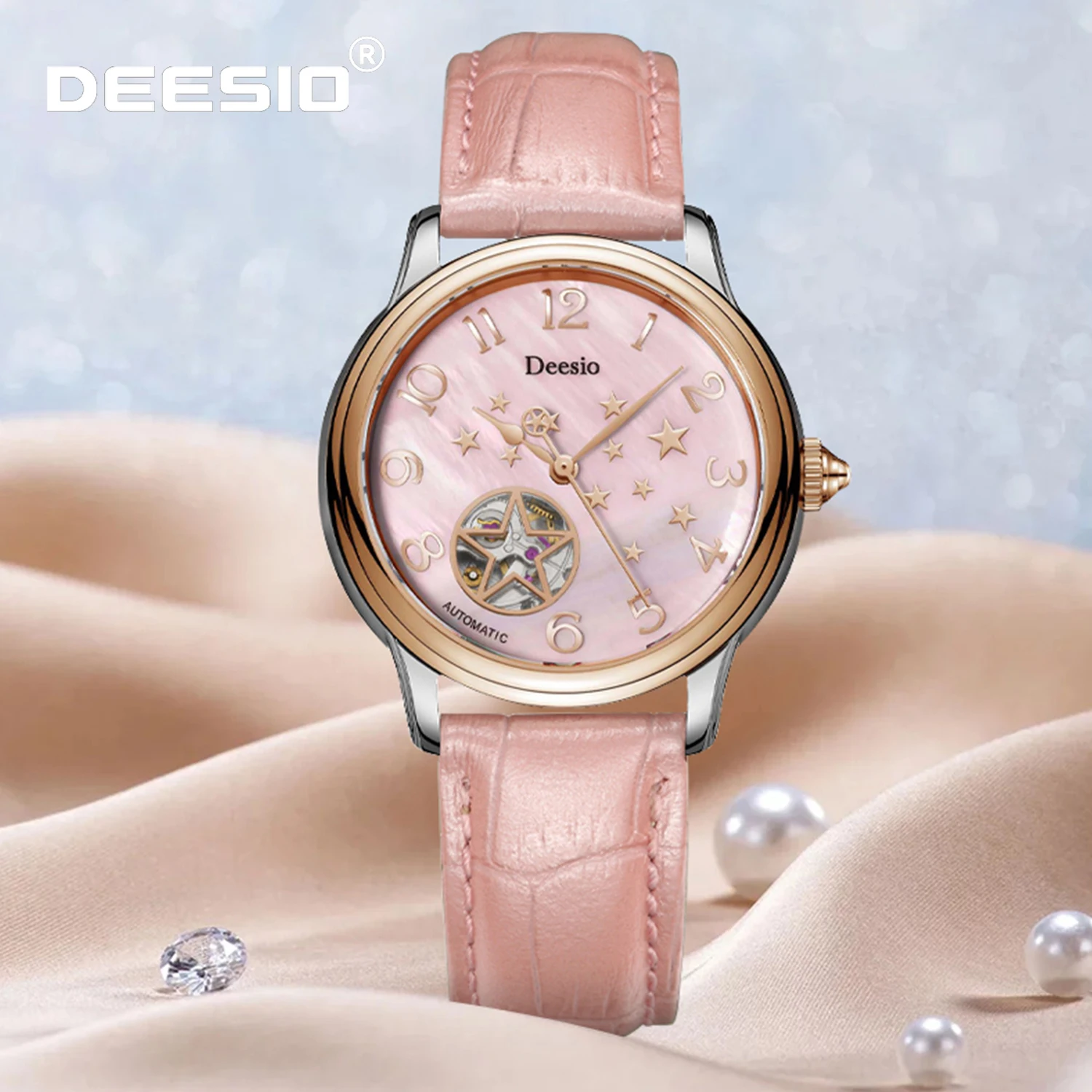 Deesio Women's Automatic Mechanical Watch Skeleton Dial Luxury Stainless Steel Band 50M Waterproof Elegant Dress Wristwatch Gift