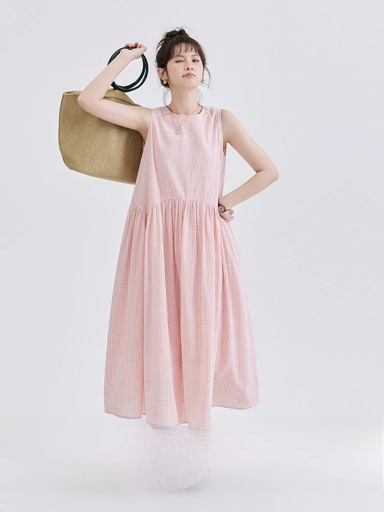 

AMUU Original Sweet Pink Grid Pure Cotton Sleeveless Women's Summer New Loose Vest Dress Korean Style Comfortable Casual Dress