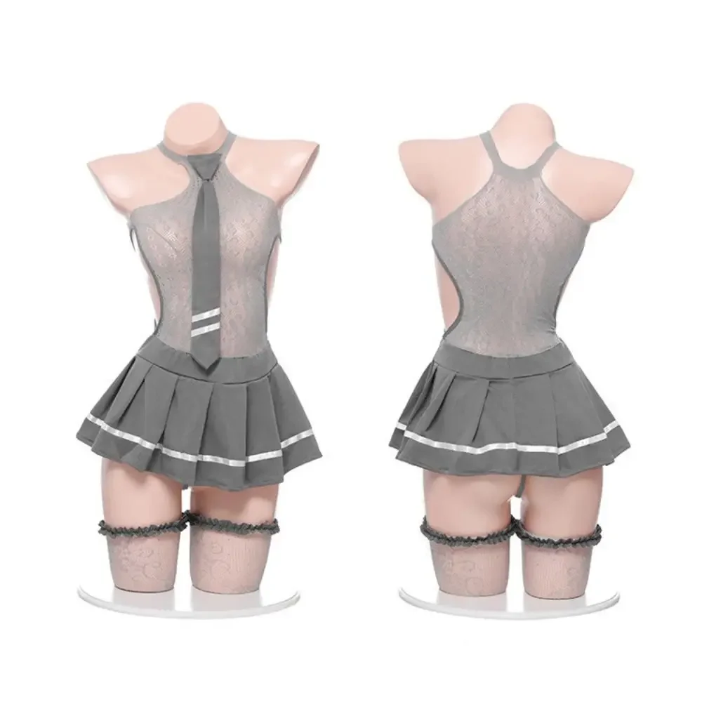 

Transparent Mesh Hollow Nightgown Nightwear Cosplay JK Uniform Nightdress Sleeveless Underwear Women Lingerie Set Cosplay