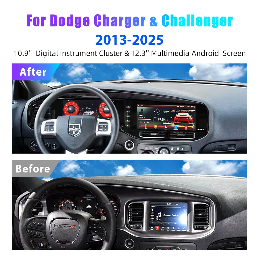 New24'' Dual Screen Android Car DVD Player Digital Instrument Cluster for Dod-ge Challenger Hellcat & Charger 2013-2025 Dashboar