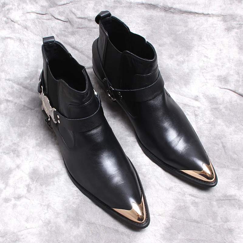 Punk Style Genuine Leather Men Ankle Boots Iron Black Slip On Men Dress Boots Italian Formal Fashion Men Chelsea Boots Pointy