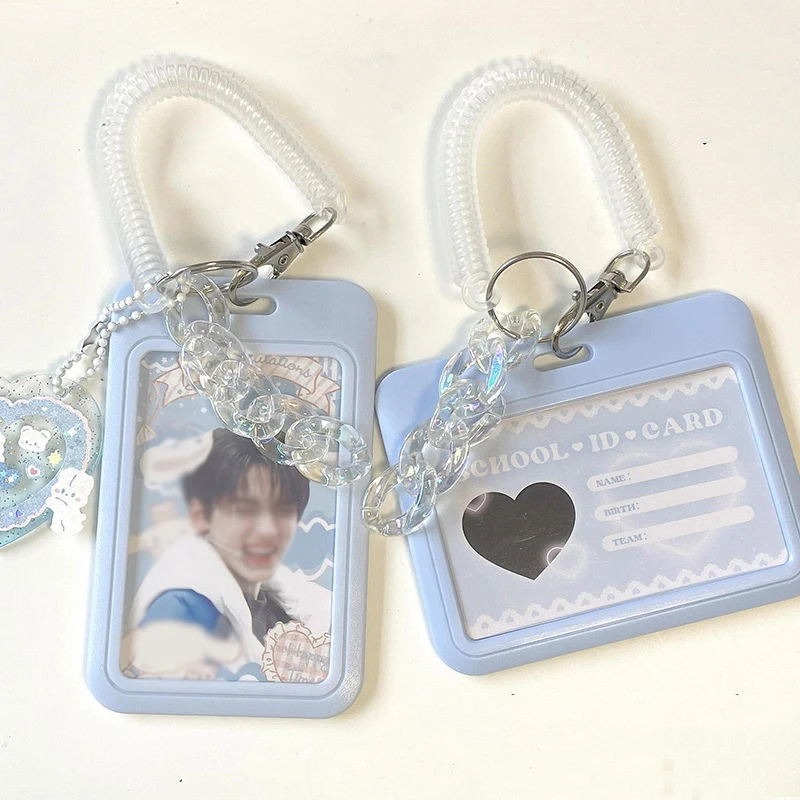 INS DIY Blue Pink Card Cover Sleeve Vertical/Horizontal Sliding Photocard Holder With Keychains Bus Card Protective Case Pendant
