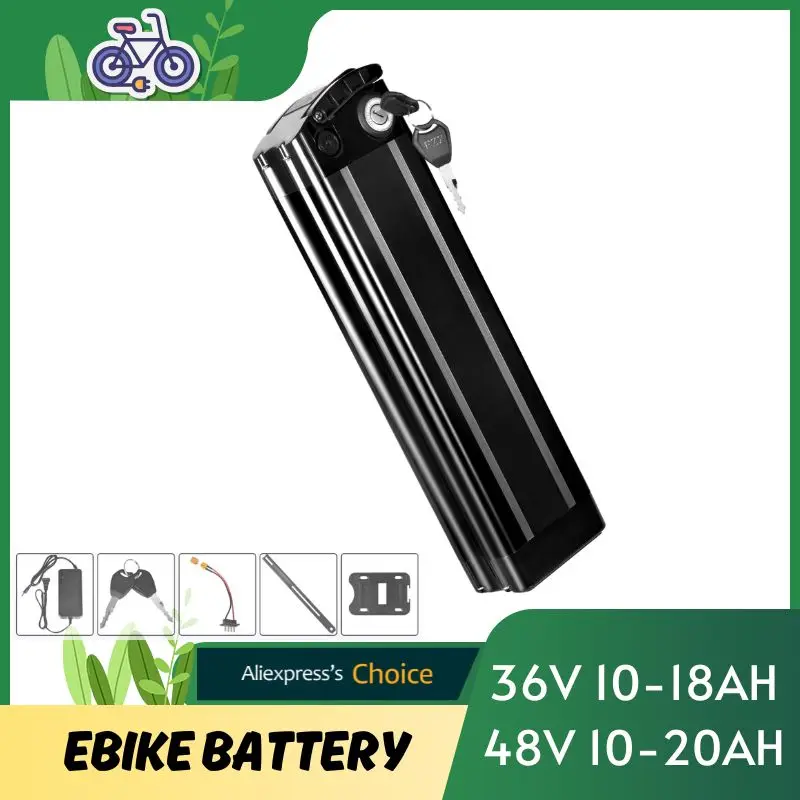 36V 48V Ebike Battery, 10Ah 13Ah 15Ah 17.4Ah 20Ah Black Silver Fish E-Bike Replacement Battery, fit for 250W-1500W Motor