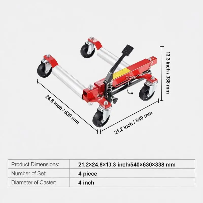 Chariot à roulettes pour cric de voiture, 4 pièces, max. Capacité de levage 680 kg, cric de voiture à 360° °   Roues rotatives, cric hydraulique de positionnement pour véhicules lourds, pour la réparation et le déplacement de véhicules
