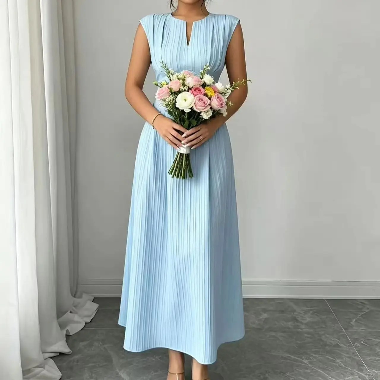 Light Blue Striped Notch-Neck Midi Dress product image