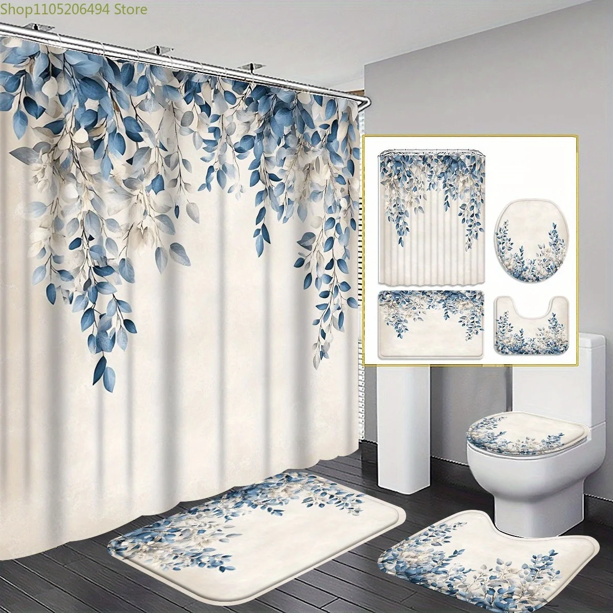 

1/3/4pcs Blue and White Watercolor Leaf Wreath Bathroom suite - Shower Curtain with Bath Mat, U-Shaped Bathtub Pad & Toilet Li