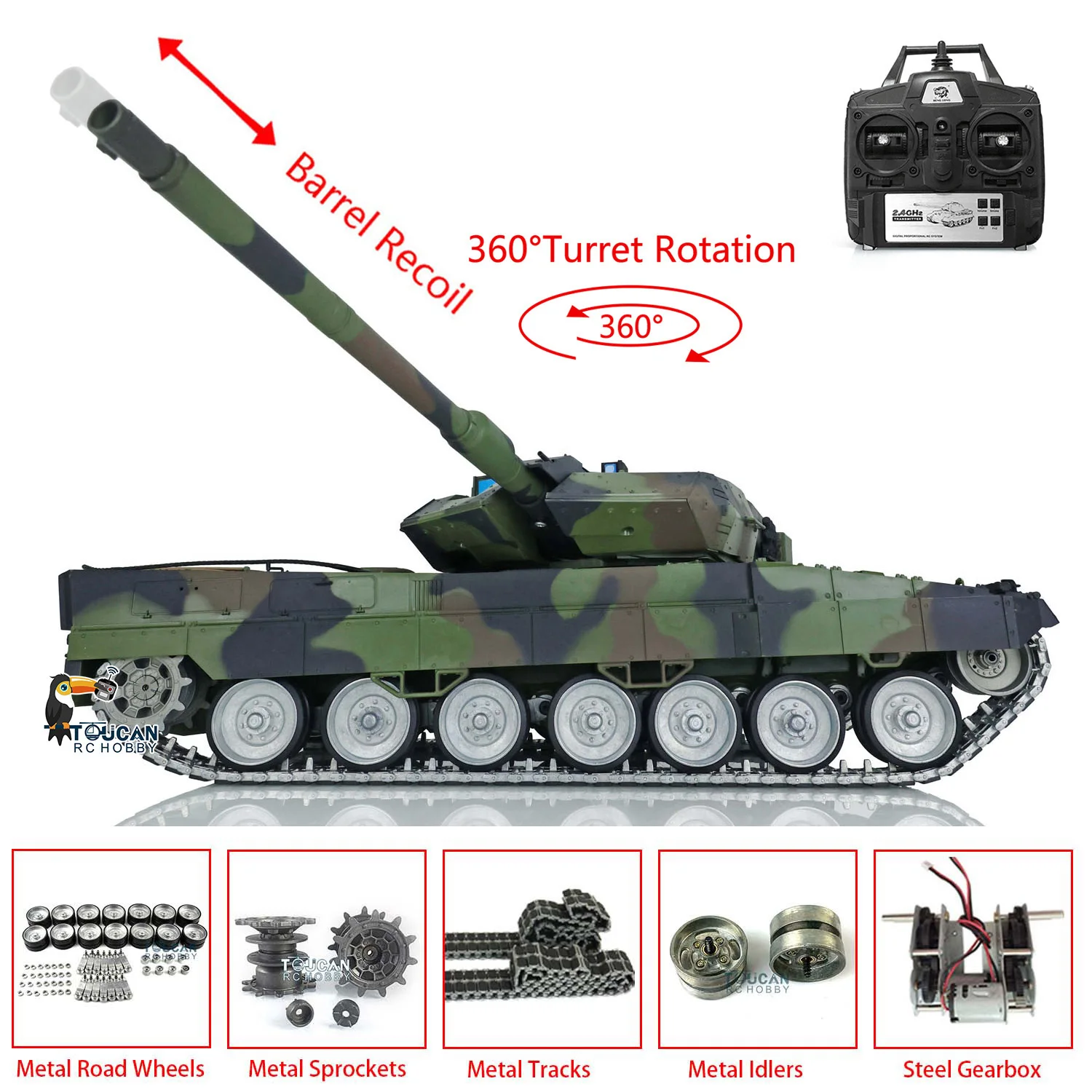 US Stock Henglong 1/16 Leopard2A6 3889 RC Tank 7.0 Version with Metal Rubber Tracks Barrel Recoil Battle System Model TH17593