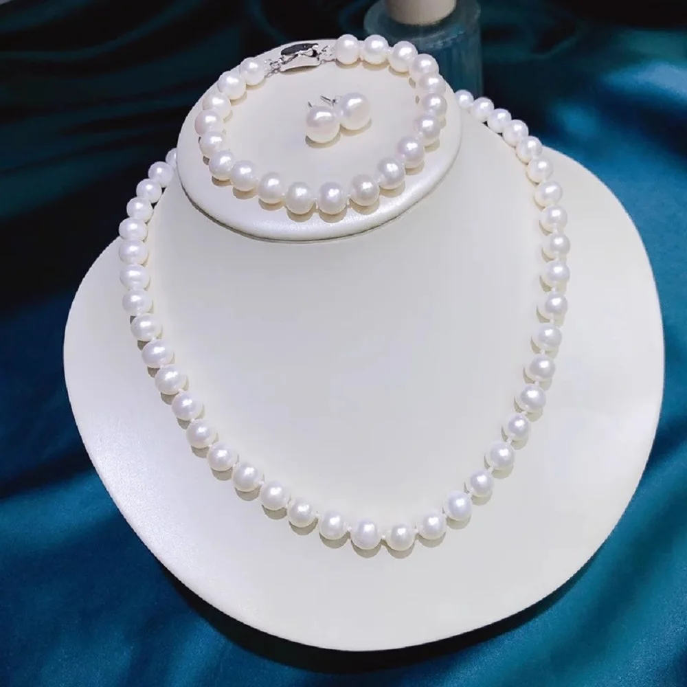 

Natural Pearl AAAA 8-9mm Japanese White Pearl Necklace 18inch+Bracelet 7.5-8inch Earring Set 925s