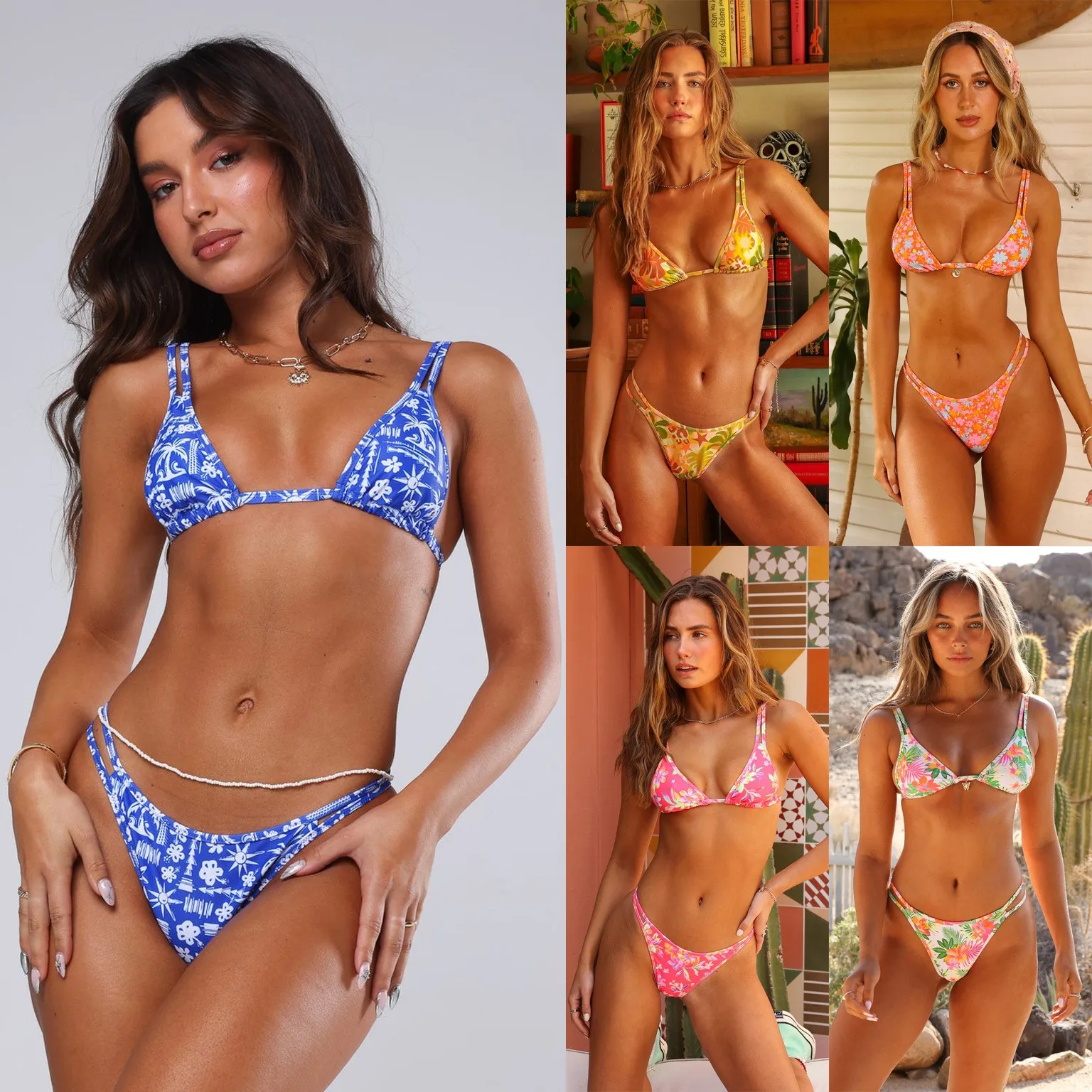 

Sexy Bikini Triangle Top Thong Bottom Bikinis Blue White Floral Print Swimsuit Side Tie Two-piece Swimsuit Women's Sexy Lingerie