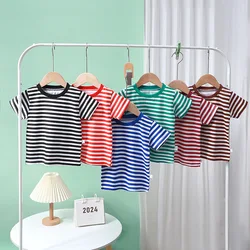 Summer Children's Stripe Short Sleeve T-shirt Pure Cotton Boys and Girls Blue Red Pink White Stripe T-shirt for Boys and Girls