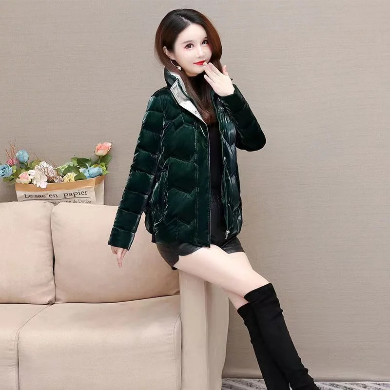 2023 Free Wash Pearlescent Bright Face Short Thick Cotton Coat Female Loose Slim Fashion Standing Collar Warm Down Cotton Jacket