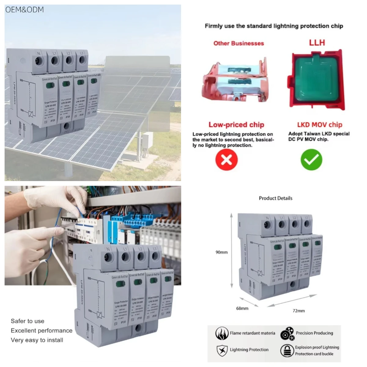 4P 275V 320V 385V 440V 20KA 40KA T2 Type AC SPD Pv Surge Arrestor Surge Protection Device IEC 61643-11 35mm Din Rail Mounted