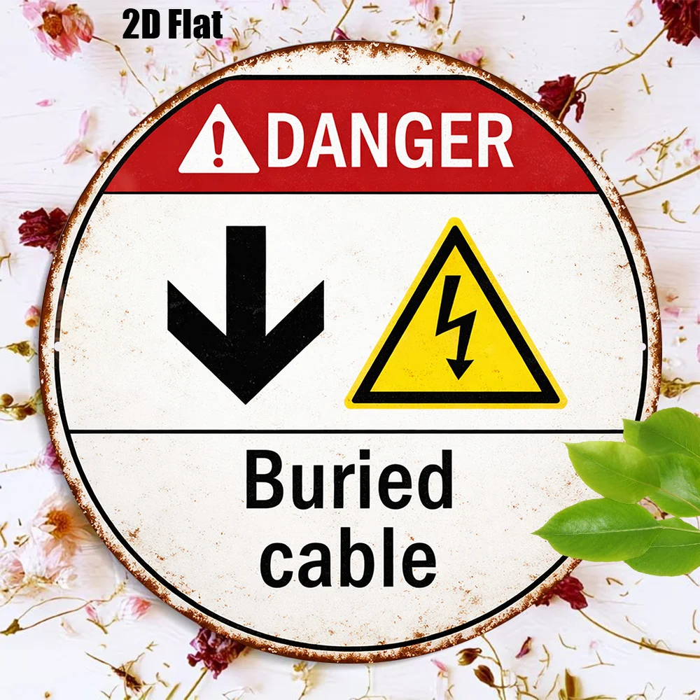 2D Retro Metal Sign Round Aluminum 8x8in Danger Underground Cable Warning Decor Garage Shed Outdoor Wall Art Gift