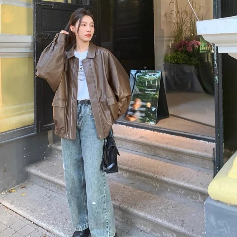 Luxury Black Leather Jacket Women Short Tops Motorcycle Jacket Spring Autumn Clothing Jacket Vintage Brown PU Leather Coat Zip