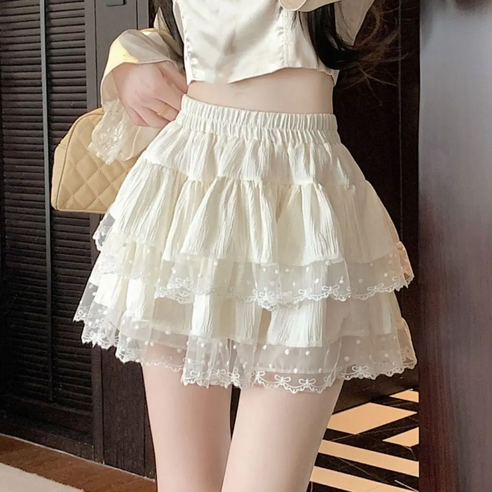 Bonito pontos inchado bolo saia feminina cintura alta texturizado renda bowknot saia curta com calça de segurança plissado a linha saia curta feminina