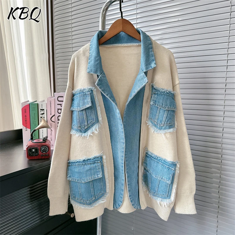 

KBQ Korean Series Hit Color Sspliced Button Loose Coats for Women Lapel Long Sleeve Minimalist Casual Chic Coat Female Fahsion