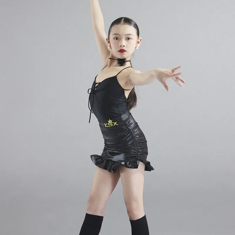 Vêtements de danse latine pour filles, costume de Performance Rumba Tango, robe d'entraînement pour enfants, noir, dos ouvert, jupe body, vêtements de danse latine 1950