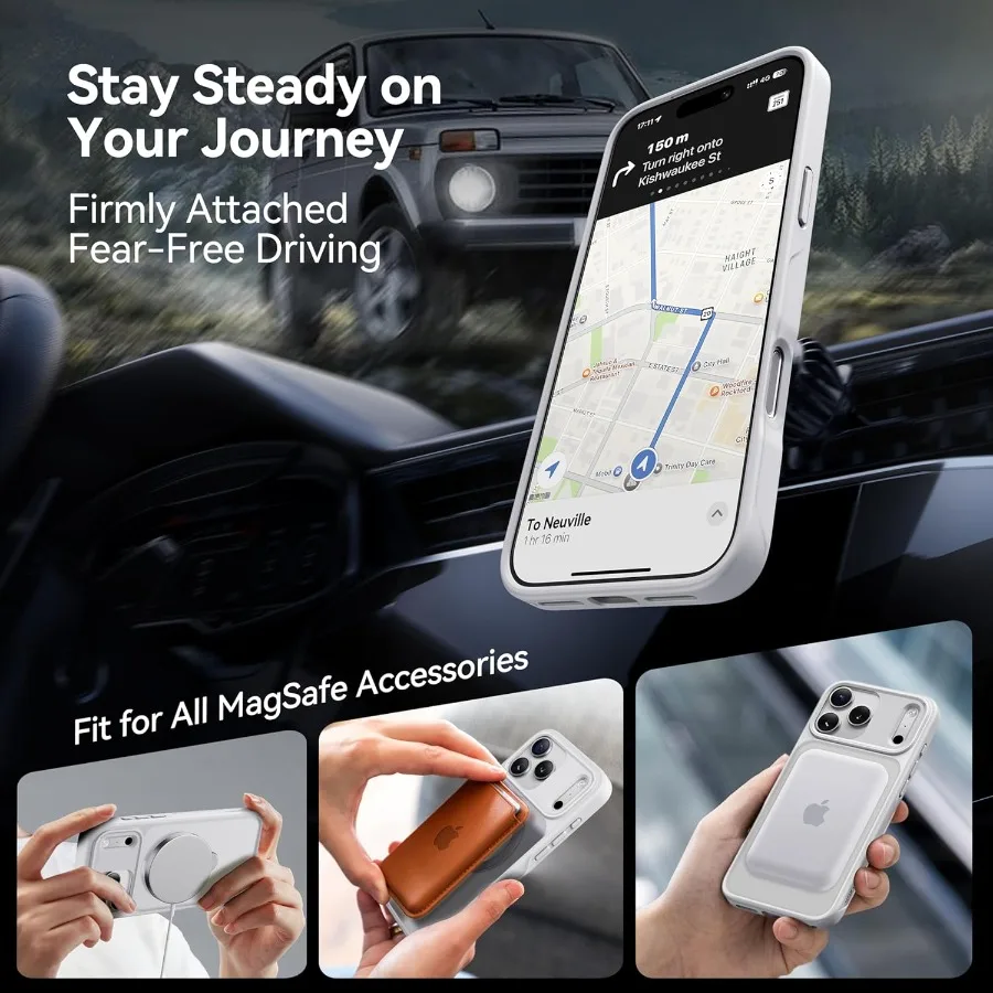 Custodia con supporto magnetico bianco con rotazione a 360 gradi con protezione di grado militare da 18 piedi e scudo per fotocamera per dispositivi 17 Pro da 6,3 pollici Slim Matte