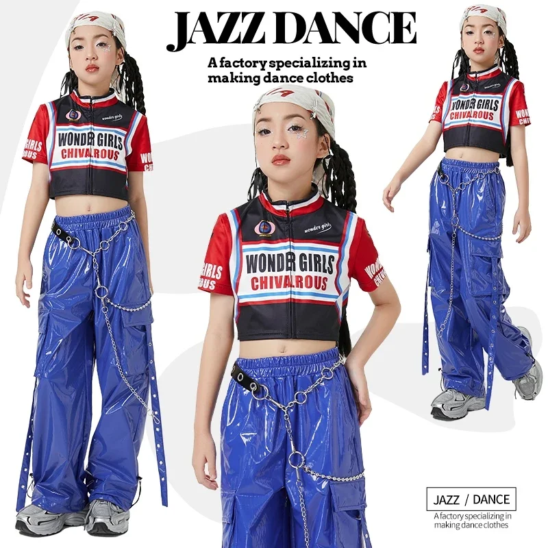 

2025 Kids Fashion Streetwear Stage Outfit Girls Kpop Hip Hop Clothes Jazz Dance Costume Red Crop Tops Blue Leather Pants XH2456
