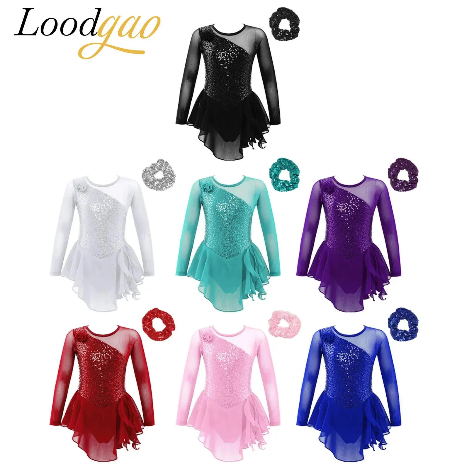 

Children Sequin Ballet Dress Girls Long Sleeves Gymnastics Leotard Ballroom Performance Dance Costume Floral Figure Ice Skating