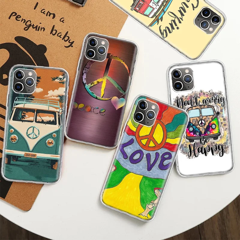 Hippie Peace Bus and Sunflower Case for iPhone 12 13 Mini 14 Plus 15 16 Pro Max 11 X XS Max Clear TPU Protective Phone