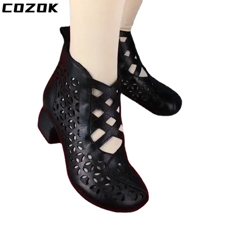 Sandals Women 2022 New Summer Sandals Boots Hollow Classic Out Mesh Zandalias De Mujer De Moda Mid Heels Pumps Zapatos De Mujer