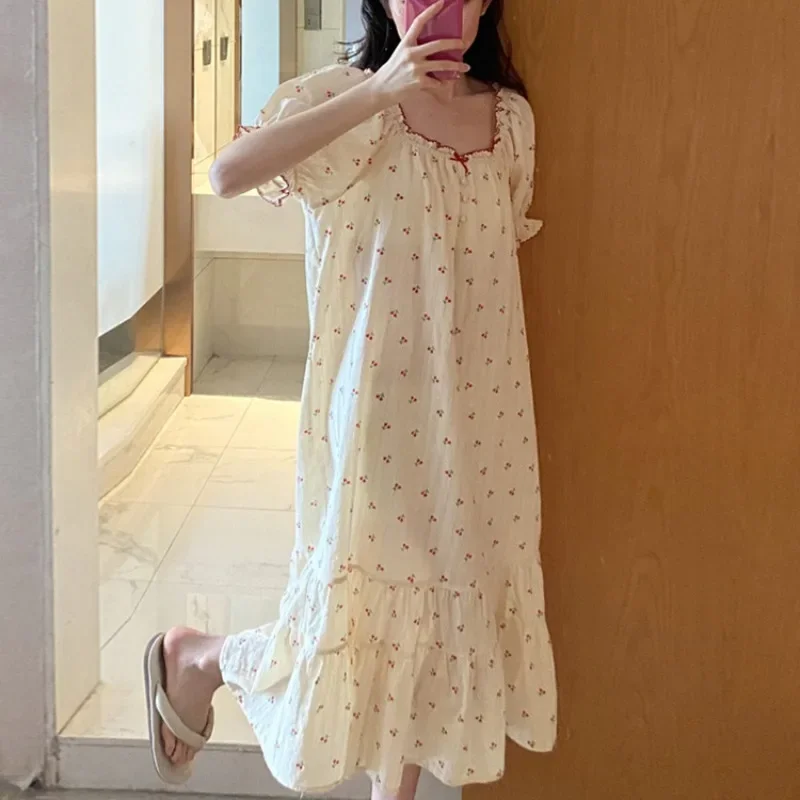 

Cherry Nightgown Sleepwear Women Korean Summer One Piece Pajamas Dress Ruffle Short Sleeve Cute Night Sleeping Bow Home Wear New