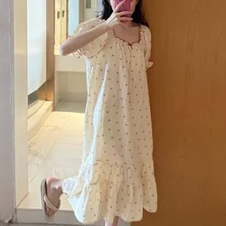 Cherry Nightgown Sleepwear Women Korean Summer One Piece Pajamas Dress Ruffle Short Sleeve Cute Night Sleeping Bow Home Wear New