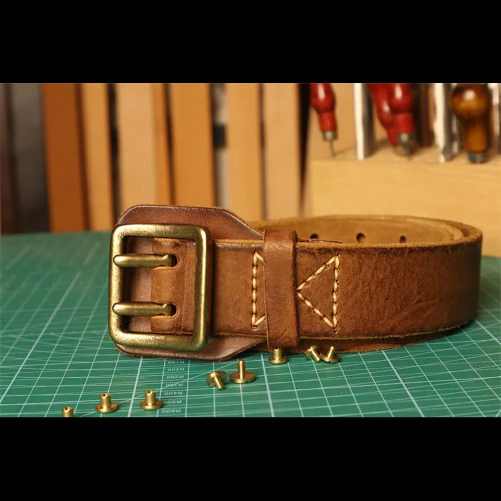 ハンドメイドレトロスタイル真鍮バックルベルト、ステッチ縫製、本革トップグレインカウハイドベルト、幅38mm、厚さ45mm