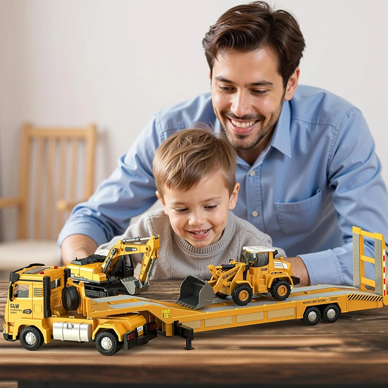 1:40 Anhängerauto mit Mini-Bulldozer und Bagger, Druckguss-Modelltechnik, zurückziehbares Bausammlungsspielzeug für Kinder